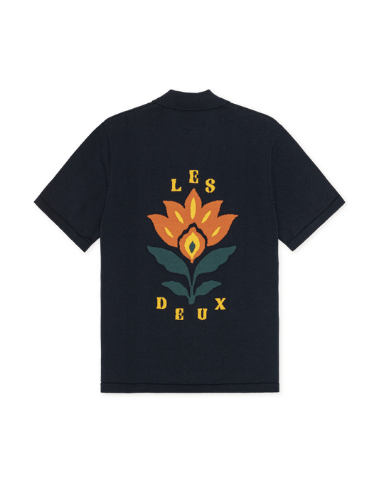 Emmett Arabesque Knitted Short-sleeve Shirt - Dark Navy Blue