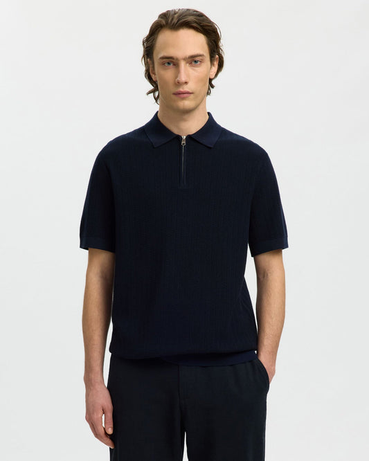 Cran Short-sleeve Knit Structure Zip Polo - Navy Blazer