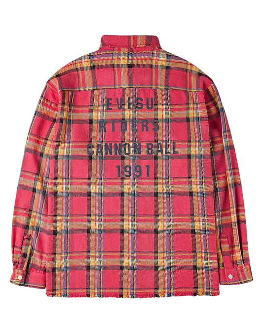 Heavy Washed And Distressed Flannel Shirt - Red Check