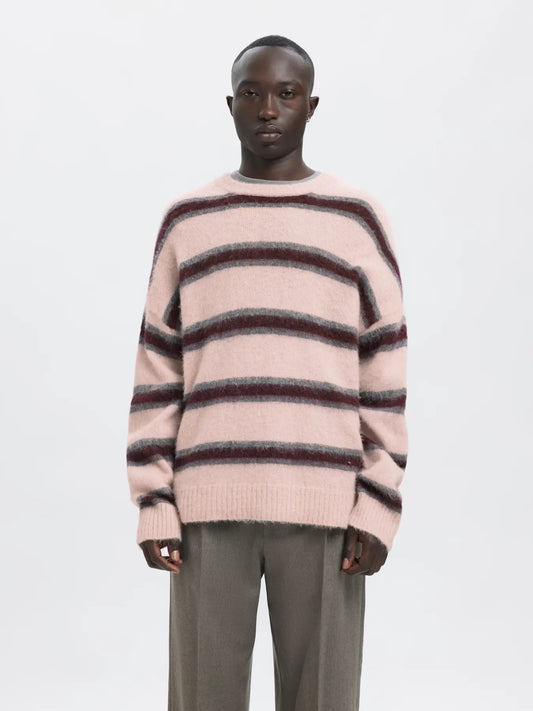 Modi Long-sleeve Knit Hairy Crewneck - Barely Pink Stripes