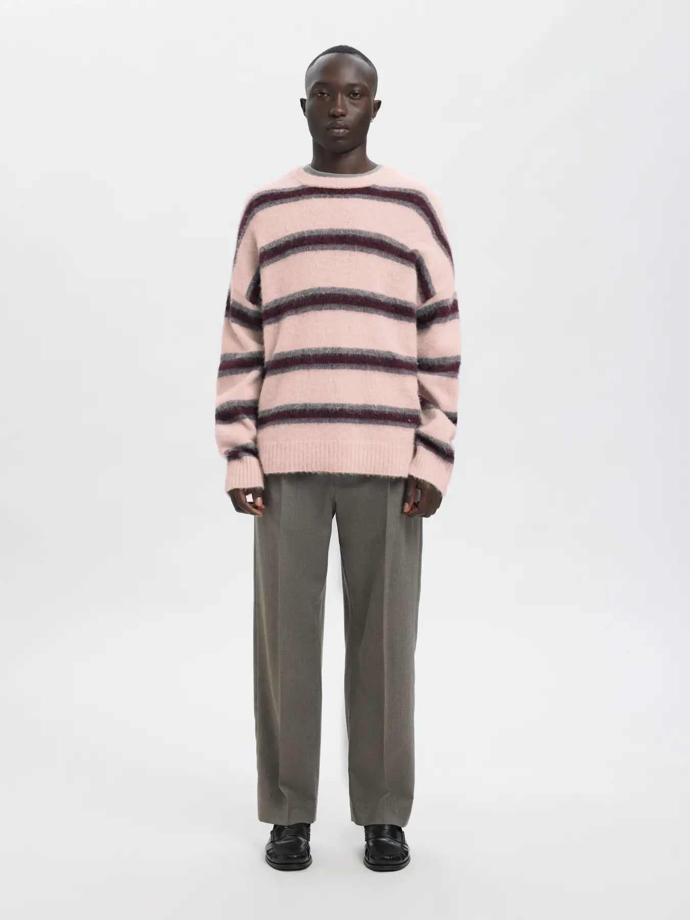 Modi Long-sleeve Knit Hairy Crewneck - Barely Pink Stripes