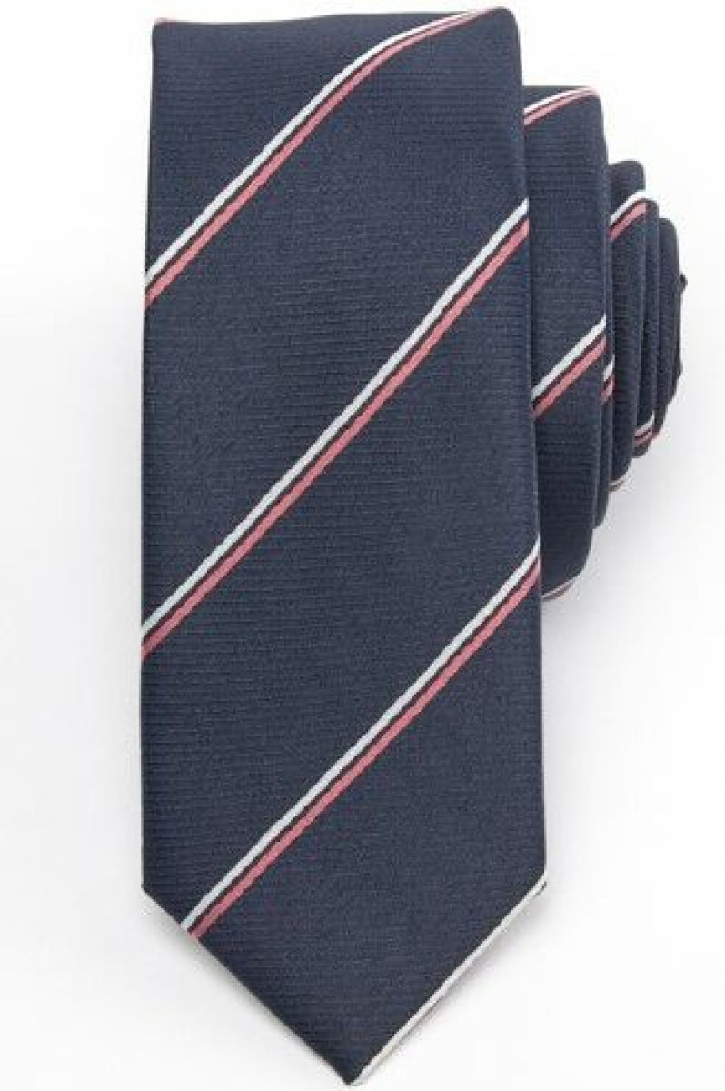 Tie - Navy with white & pink stripes