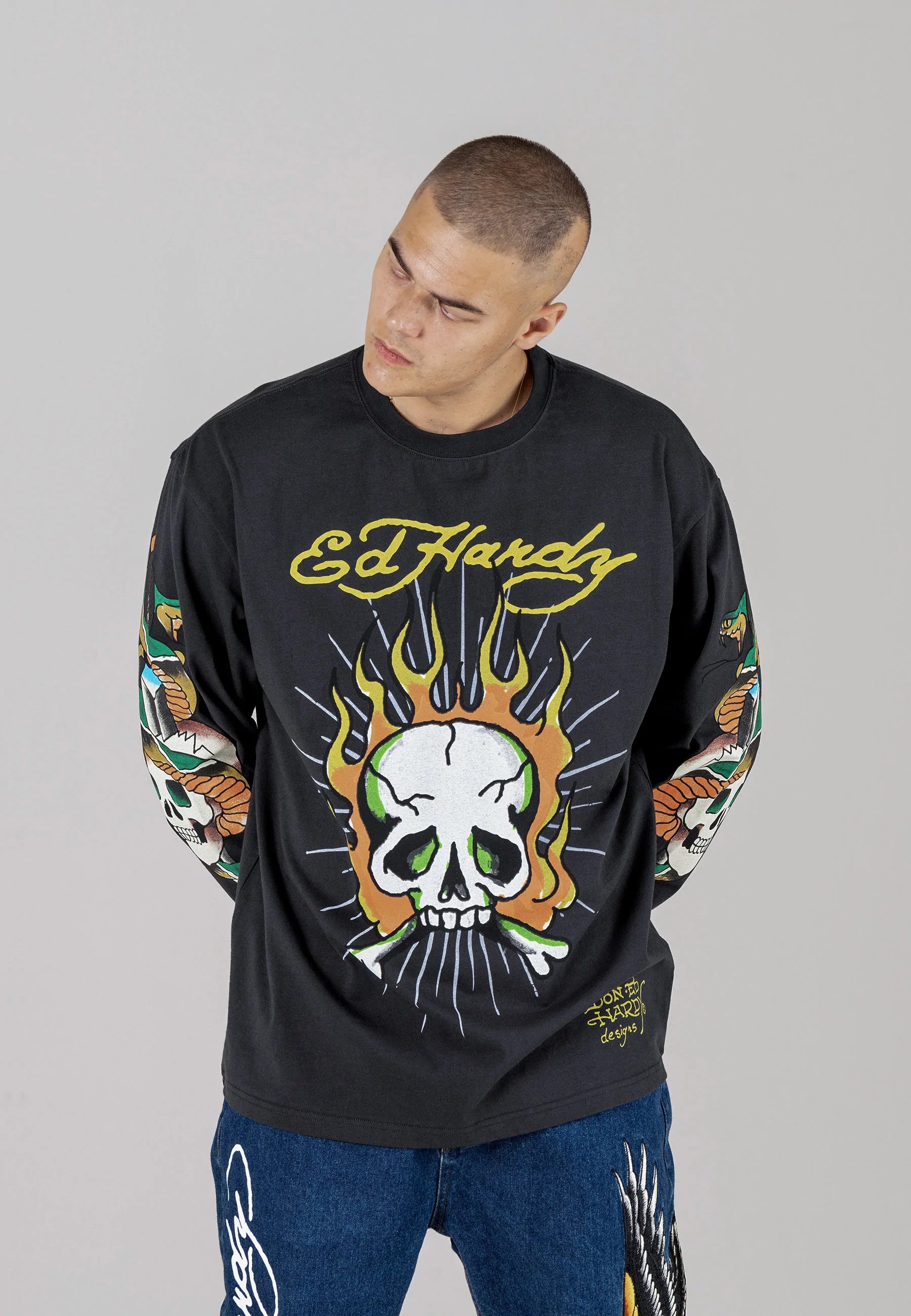 Skull Flame Long T-Shirt - Washed Black